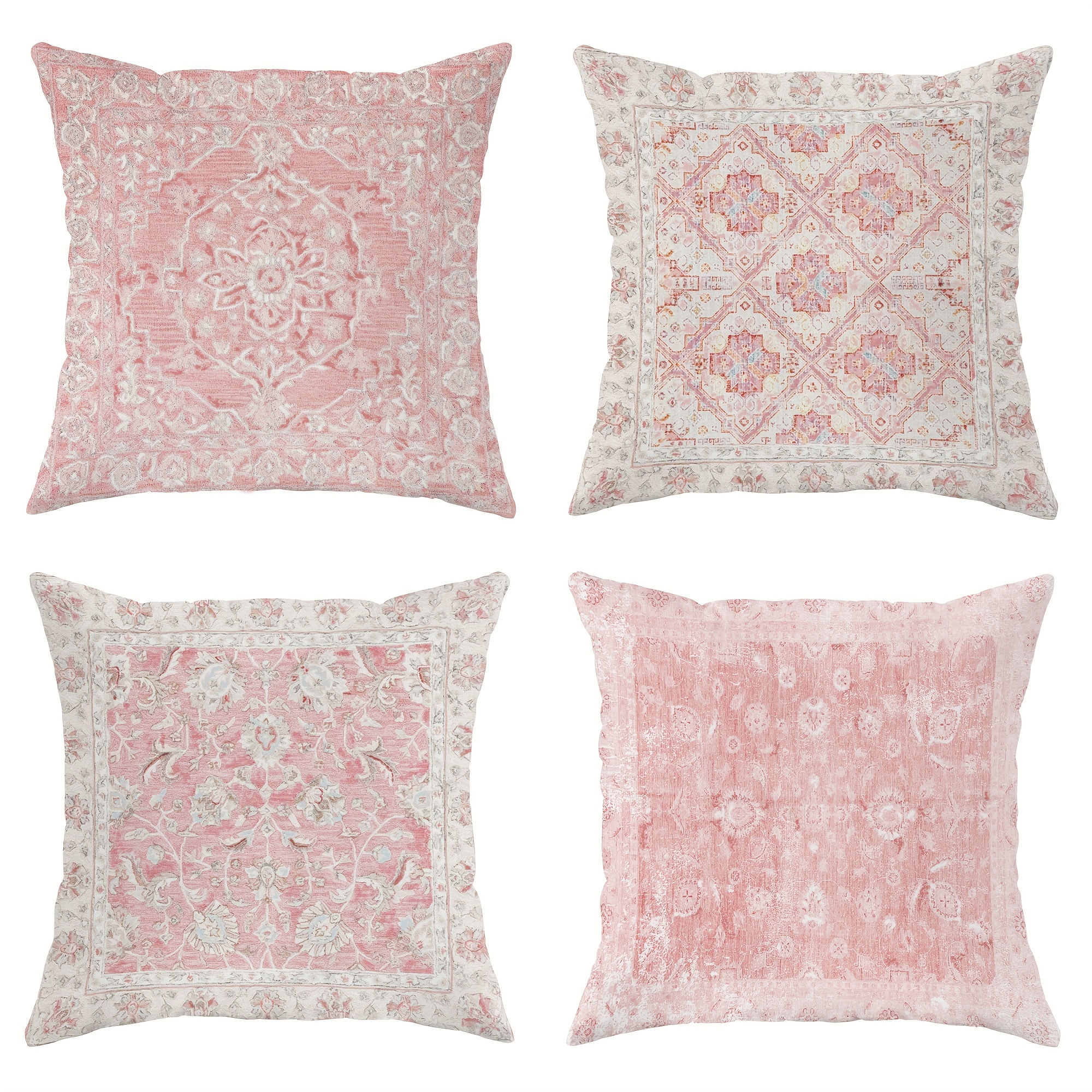 

4-piece Set Bohemian Velvet Throw Pillow Covers - Persian Floral Design, Pink, 18x18 Inches - Zip Closure, Machine Washable For Living Room & Bedroom Decor (inserts Not Included)