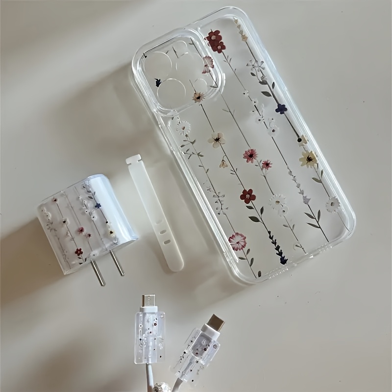 5pcs Set: 1 Transparent Phone Case with Colorful Flower Design + 1 Charger Protector + 2 Cable Protectors + 1 White Soft Silicone Cable Ties Suitable for iPhone 16/16 Pro/16 Pro Max/16 Plus/11/11 Pro/11 Pro Max/12/12 Pro/12 Pro Max/12 Mini/13/13 Pro/13 Pro Max/13 Mini/14/14 Pro/14 Plus/14 Pro Max/15/15 Pro/15 Pro Max Protective