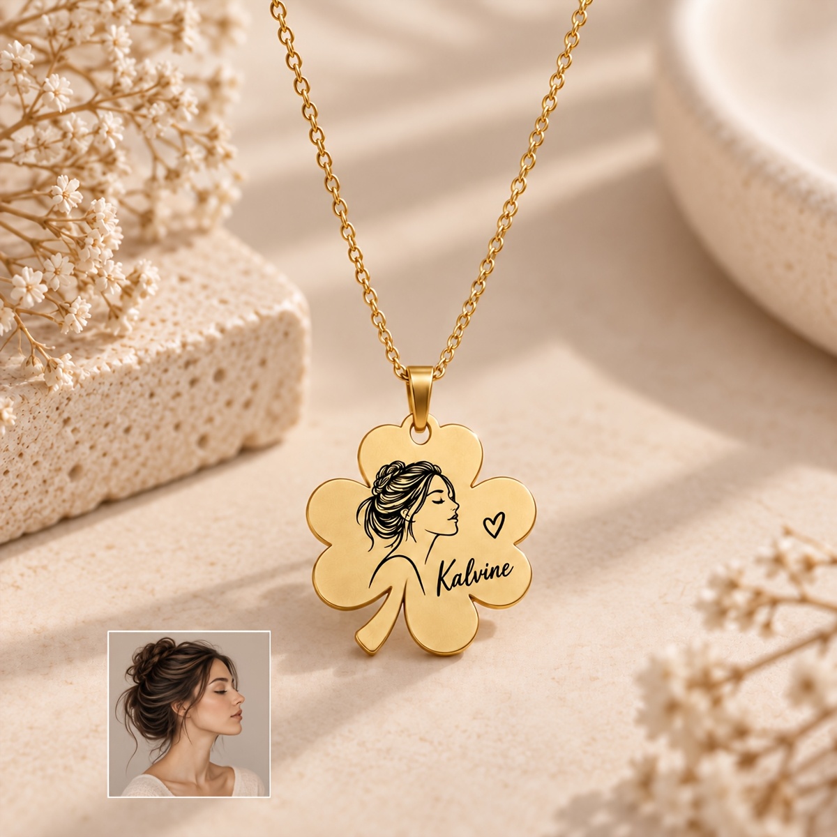 Custom Photo Line Art Flower Necklace, Personalized Name Pendant