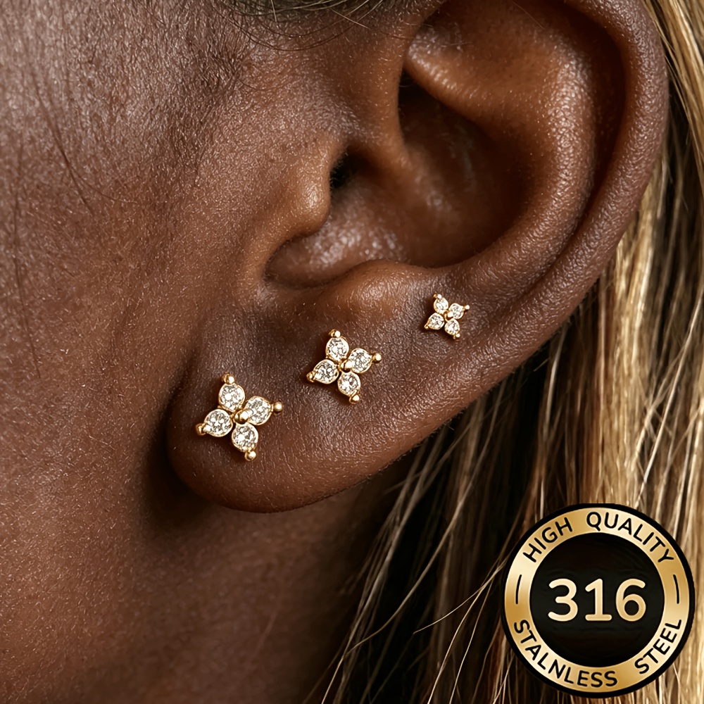 TEMU 3pcs Exquisite High-quality Stainless Steel Four-petal Small Flowers Inlaid Synthetic Synthetic Synthetic Zircon​​ Fashionable Elegant Jewelry,