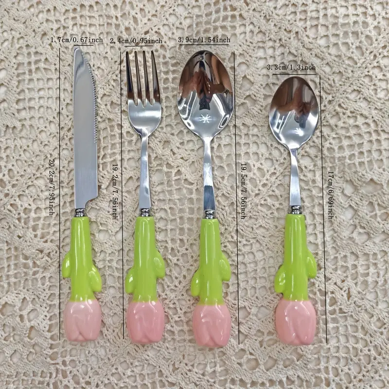 24pcs unique ceramic handle steak knife dessert spoon fork and spoon tableware set tools and accessories including knife fork and spoon very cute suitable for daily family dining birthday parties and festival parties Product details 1