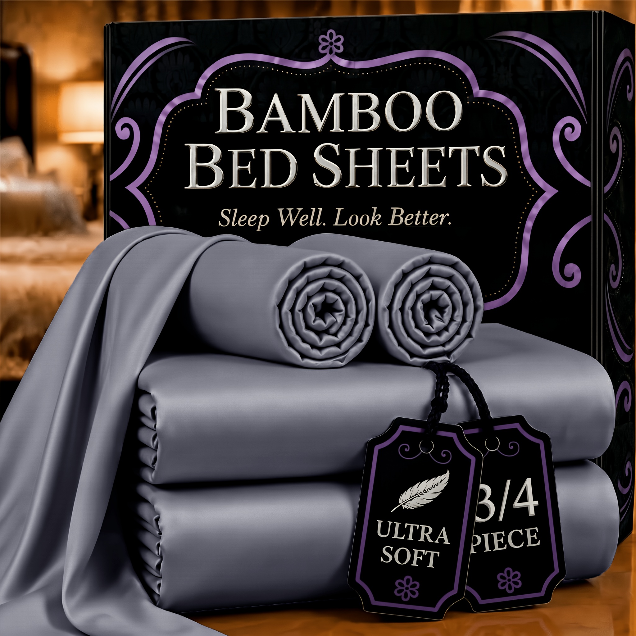 Cooling Bamboo Bed Sheet Set, Silky Soft Breathable Sheets with 17" Deep Pocket Fitted Sheet And Pillowcases, Anti-Wrinkle Bedding Set for Night Sweats, Bedroom Decor, Halloween
