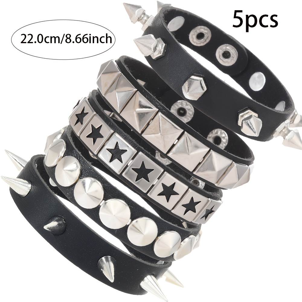 Image of 5pcs Set: Edgy Punk-style Pu Bracelets Stud/square Stud/star Decorations Adjustable Teenager's Fashion Wrist Additions, For Teenager, For Teenager