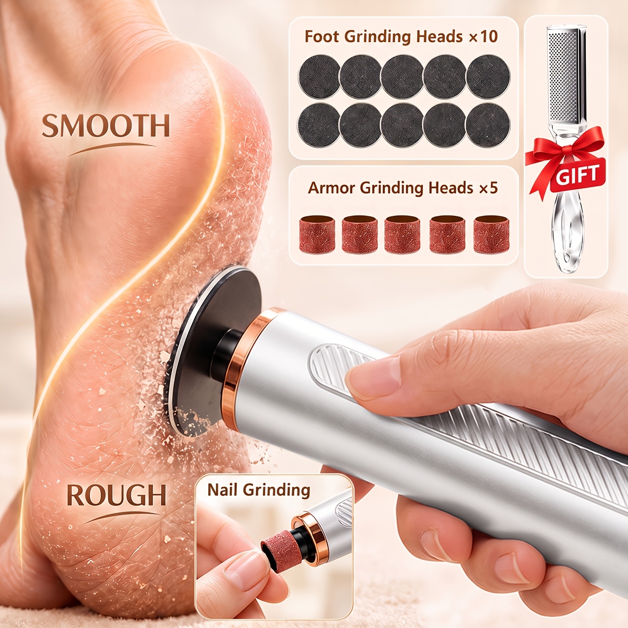TEMU Electric , Portable Foot Care 10pcs Buffing Heads And 5pcs Nail Rings, Electric Pedicure Tool, Electric Exfoliator And Foot File, Handheld Foot