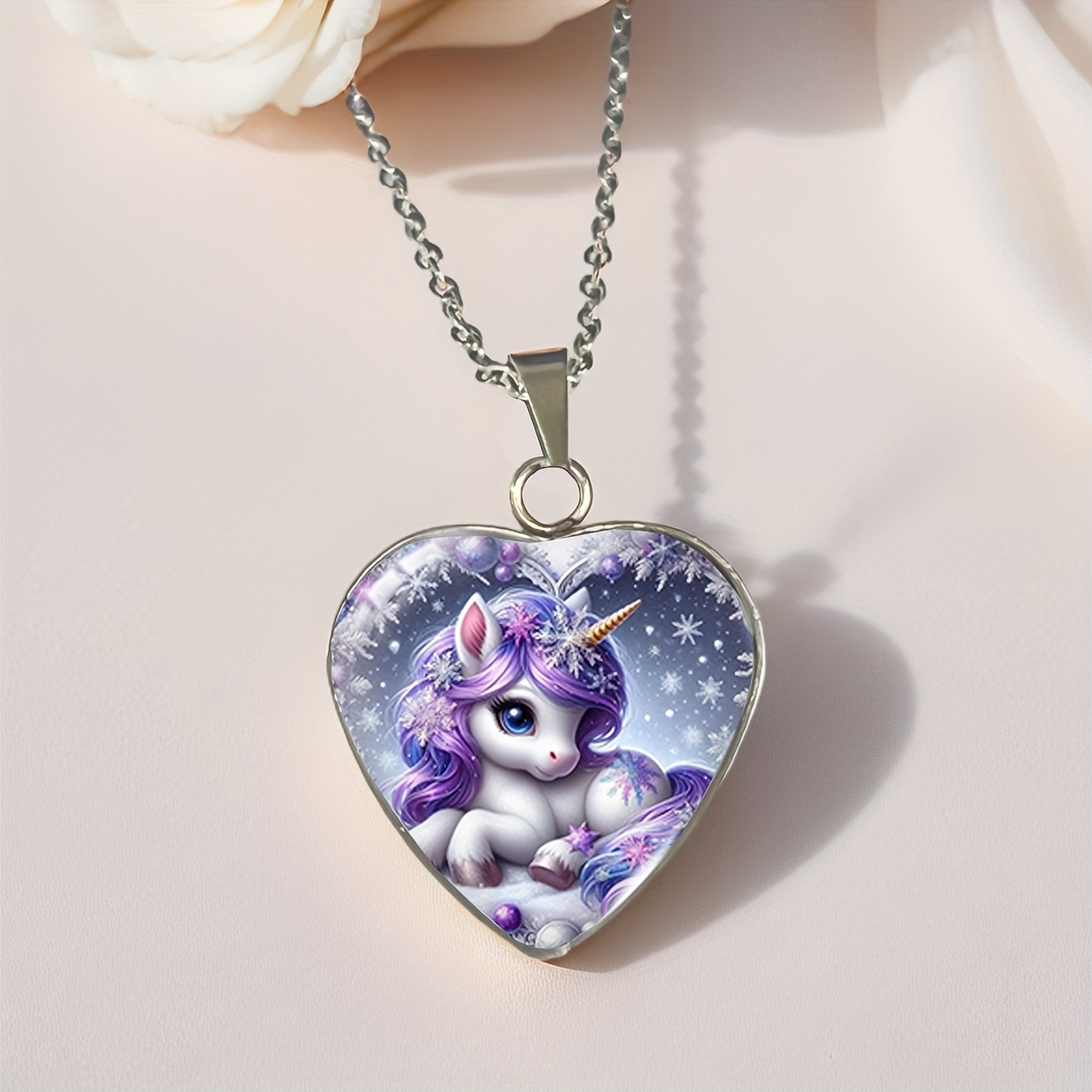 Image of Cute Purple Unicorn And Snowflake Heart Shape Time Gemstone Glass Cabochon Stainless Steel Pendant Necklace Fashion Jewelry Accessory Birthday Party Gifts