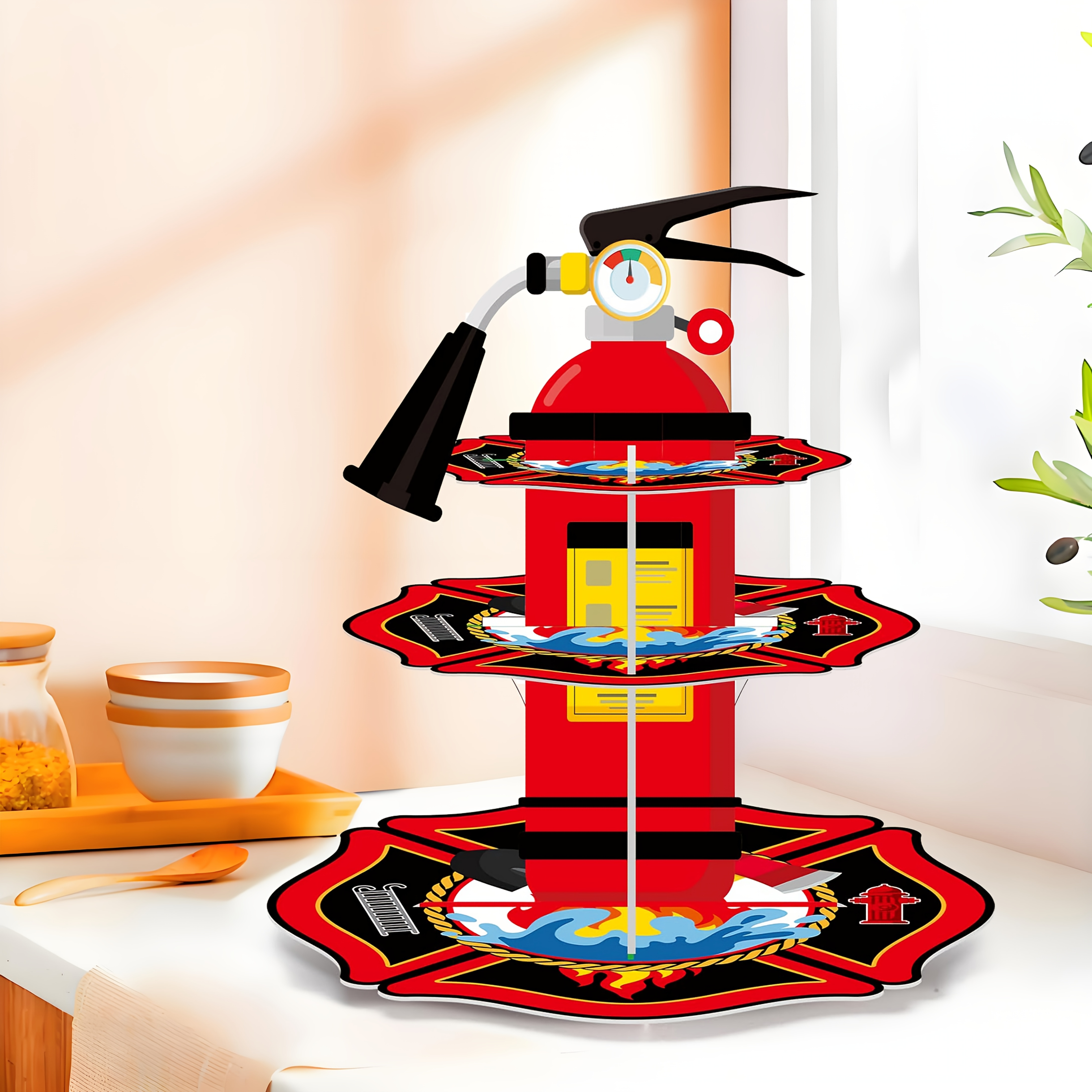 Image of 1pc 3-tier Fire Hydrant Themed Tray Stand, Non-food Contact, Fire-themed Party Decoration, Paper Tray Tower, Birthday Party Supplies