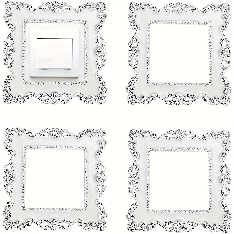 2/4pcs Retro Floral Light Switch Stickers - Plastic Resin Self-adhesive Rectangular Cover With Gorgeous White And Golden Patterns, No Wiring For Home Wall Switch Plate Decoration, , Exquisite Patterns