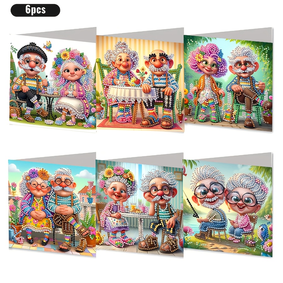 TEMU 6pcs Diy Diamond Painting Greeting Card Set, Grandparents Themed Postcards, Unique Handmade Design, New Year Cards And Birthday Greetings,