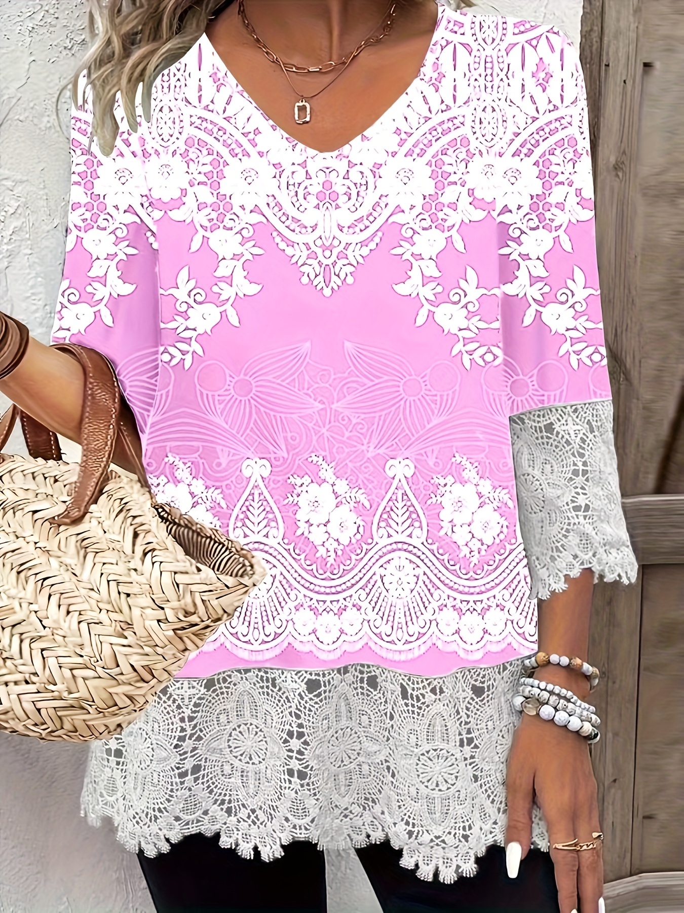 plus size floral lace stitching print t shirt elegant 3/4 Temu