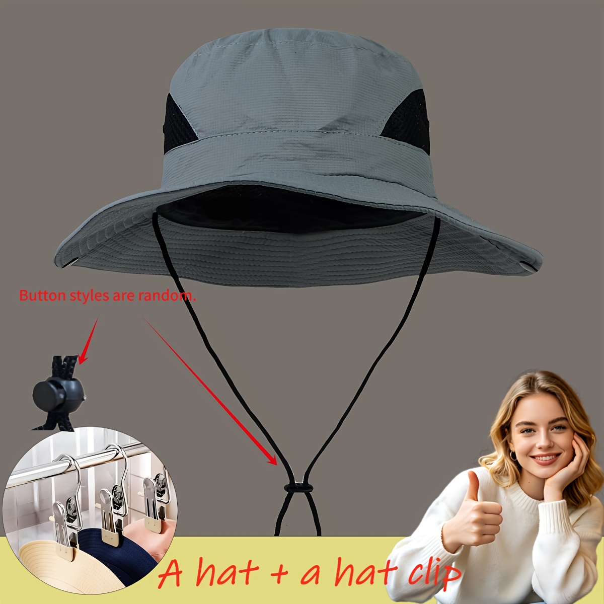 TEMU 2pcs 1 Hat + 1 Hat Clip, Unisex Breathable Mesh Bucket Hat, Button Style Random, Adjustable Windproof Sun Hat, Suitable For Men's Hiking,