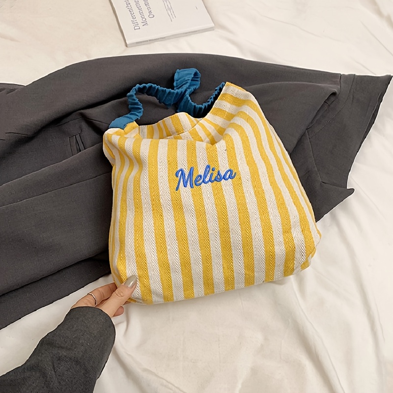 TEMU Borsa a spalla a righe color-block ricamata , con un elegante tote con tracolle plissettate, perfetta per shopping, pendolarismo, uso , viaggi o