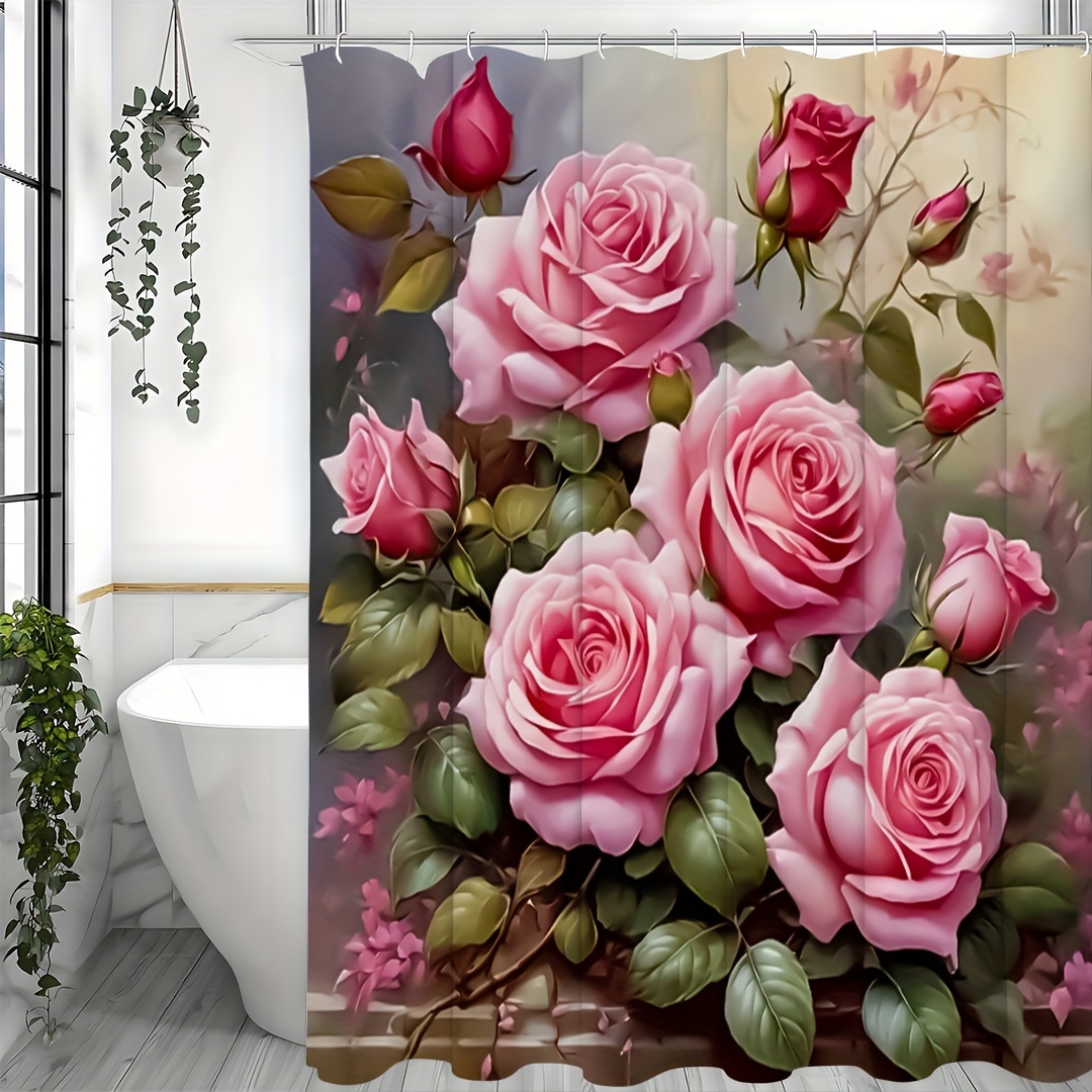 

1pc de Douche Élégant à Motif Floral de Roses Roses - Polyester à , Lavable en Machine, Décoration de Salle de Bain à Thème avec Crochets , Tissée pour Toutes les , de Douche pour de Bain