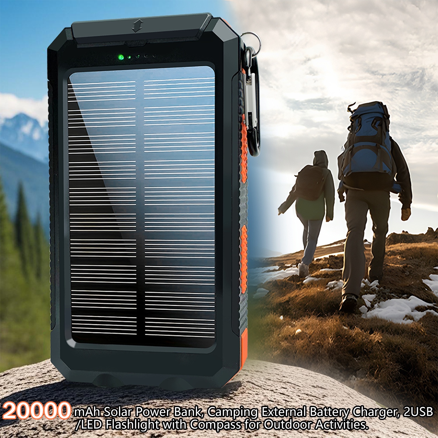 20000mah usb portable charger solar power bank, camping external backup battery dual 5v usb ports output, for cell phones, mobile devices, travel backup battery, built-in dual   flashlights,   for festival Product details 3