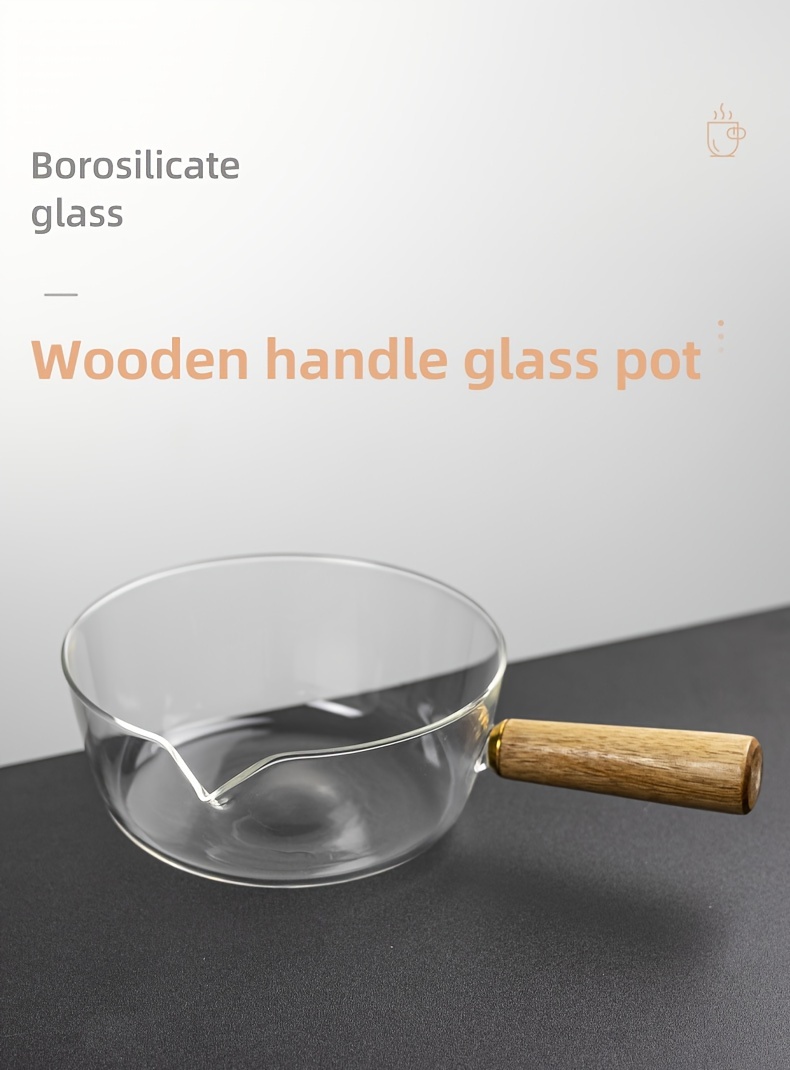 borosilicate glass saucepan with wooden handle v shaped pour spout gas stovetop compatible clear cooking pot kitchen accessory 690ml 23 33oz capacity no   details 0