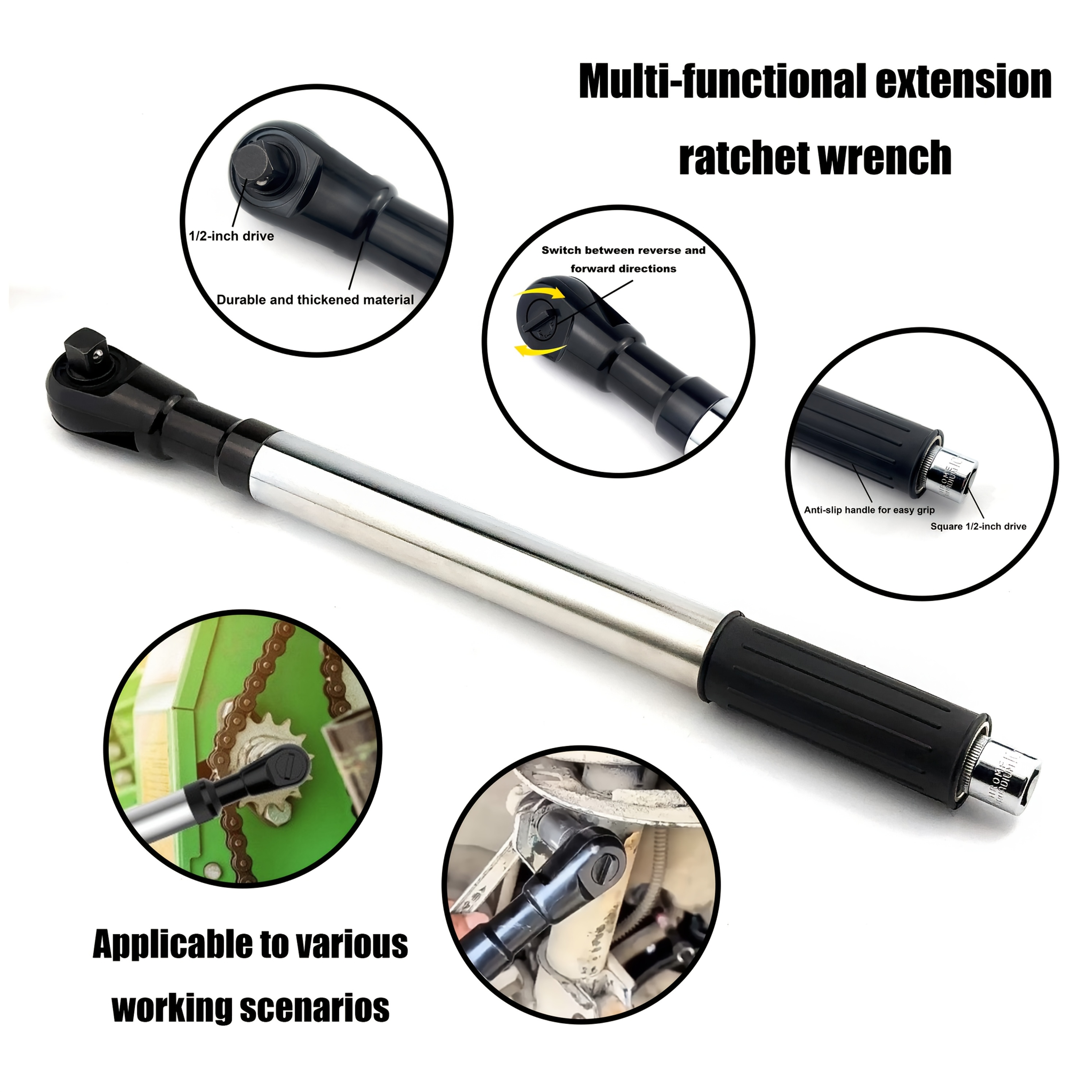 TEMU Clé à cliquet automatique extensible à une main, , entraînement 1/2 pouce, en acier chrome-vanadium, clé à cliquet électrique extensible