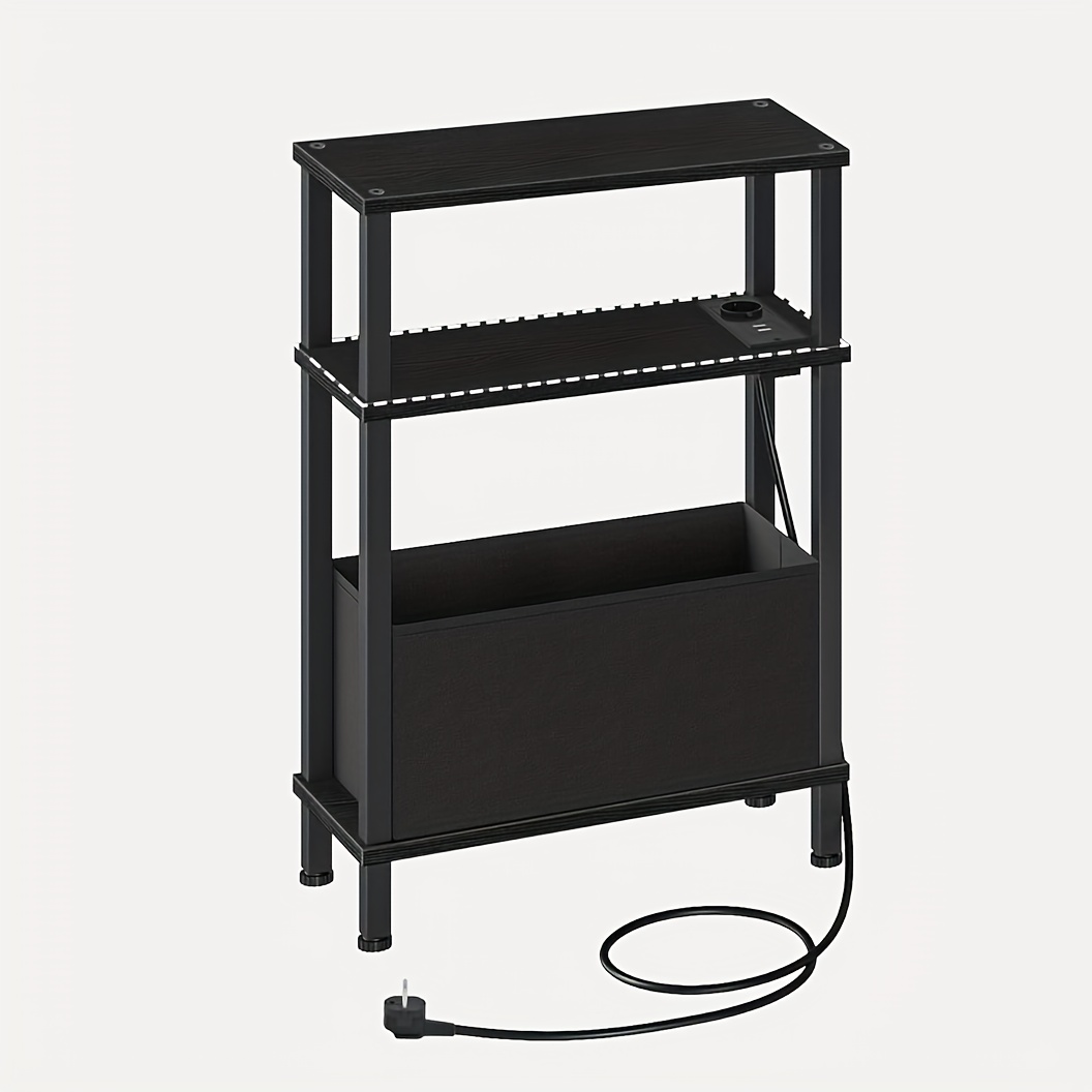 Narrow Side Table With Shelves, 3-tier Narrow Sofa Table With Fabric Storage Basket, Suitable For Living Room, Bedroom, Study, Bedside Table And Office, Black