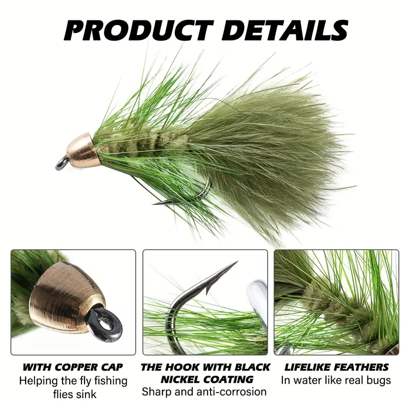 Copper Bead Head Woolly Bugger Olive/black Streamers - Temu