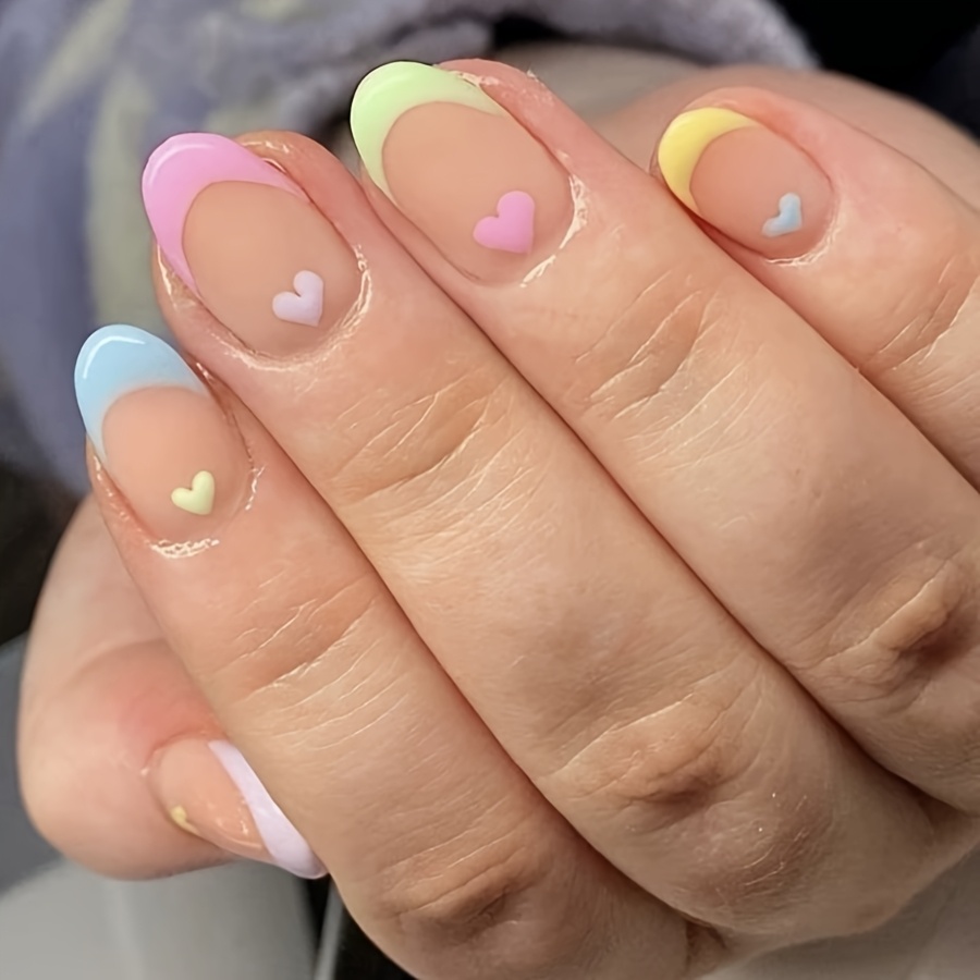 TEMU Celebrity Wearable Nail Stickers 24pcs Short Oval-shaped Manicure Wearable Nails Colorful French Heart Cute Valentine's Day All- Fake Nails