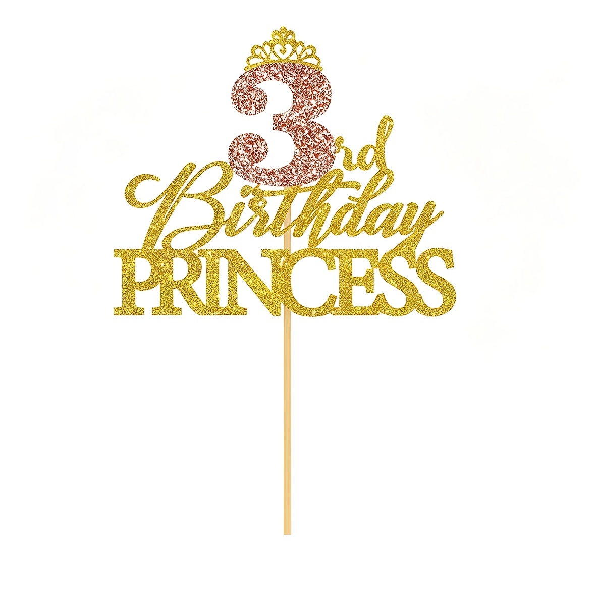 TEMU 1pc 3rd Birthday Princess Cake Topper, Rose Golden Glitter Crown Number 3 Cake Decor For Birthday Party Supplies