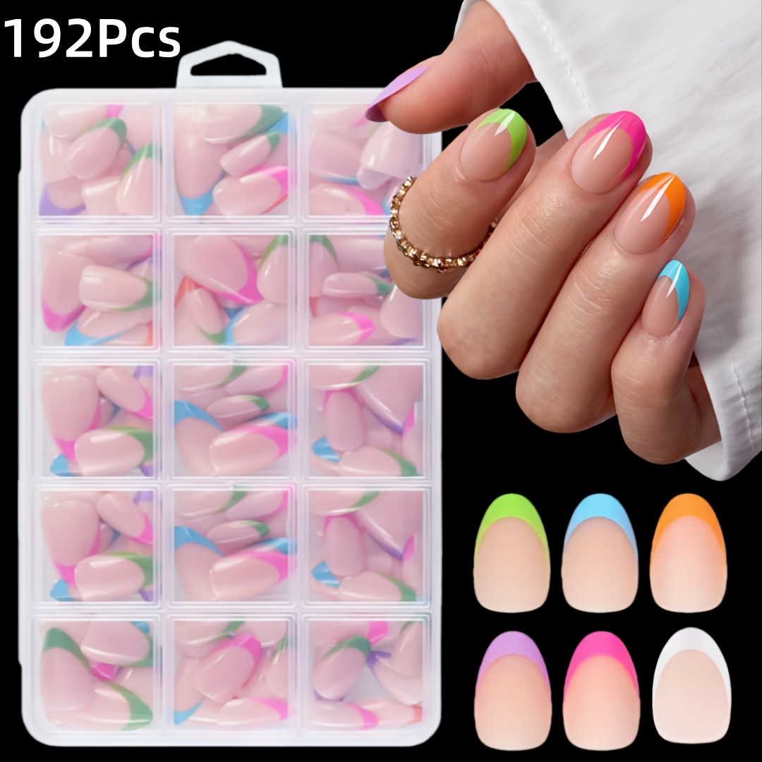 E-shop 192-teiliges Set Kurze Ovale Press-On-Nägel, Rosa, Blau, Grün, Weiß, Orange, Lila French Tip Weiche Gel-Nagelspitzen, 6-Farben Kunstnägel-Set,