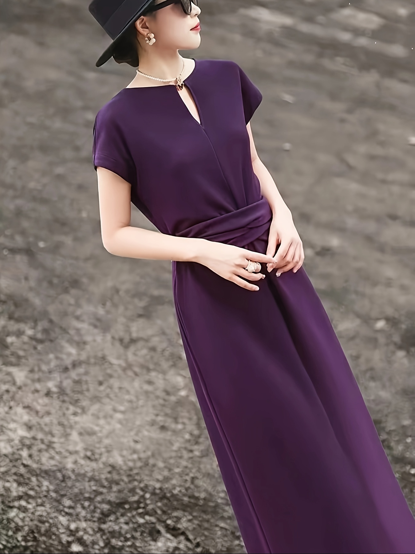Women's Elegant Purple Short Sleeve Dress with Adjustable Waist Tie  Fitted Office Dress for Spring Summer Fall, Machine Washable Round Neck