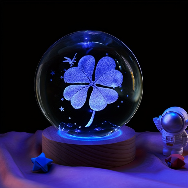 

3d Laser Carved Clover Crystal Ball Night Light, Decorative Clover Crystal Glass Ball Statue For Office Hotel, For Birthday Parties And Holiday Gifts
