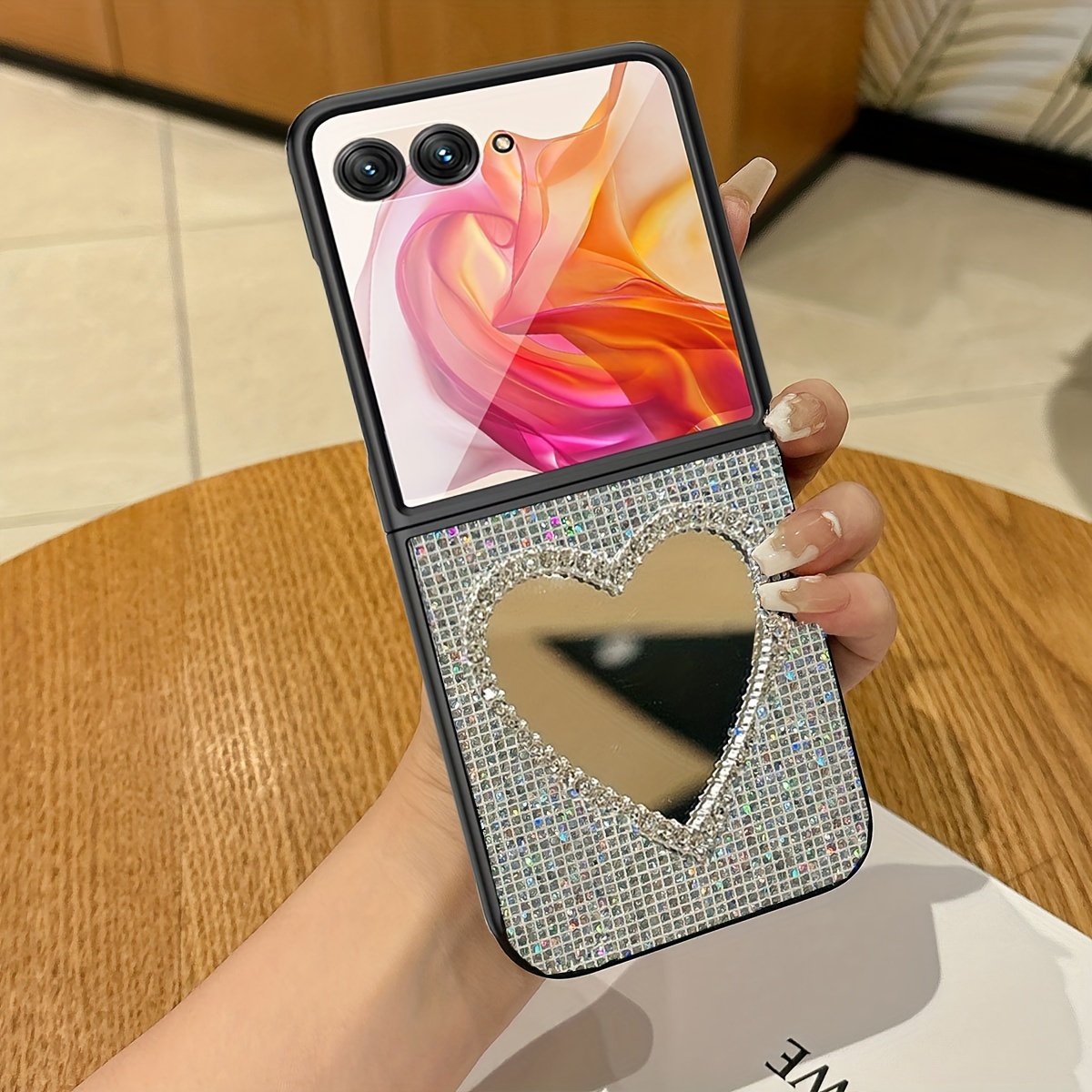 TEMU Phone Case - Adorable Love Makeup Mirror Back Cover For Motorola Razr 2024/for Motorola Razr+plus 2024 40 50 Ultra Shockproof Faux Leather And