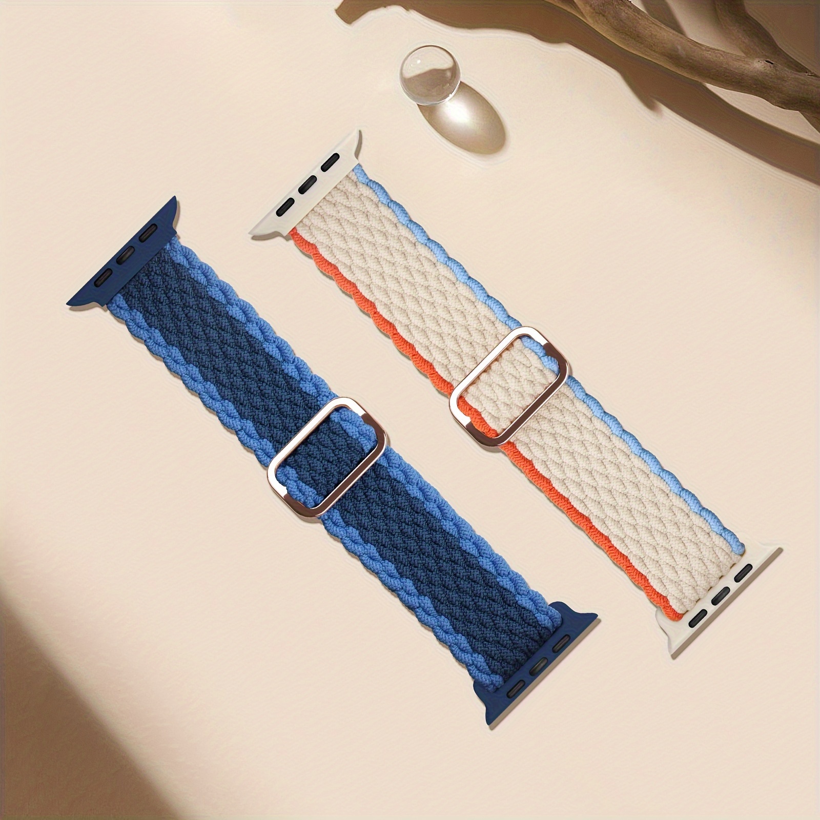 2-Pack Braided Nylon Watch Bands for Apple Watch - Adjustable Hook-and-Loop Closure, Durable & Comfortable Straps in Beige & White, Perfect for Casual Attire, Casual Wear Bands|Adjustable Strap|Durable Watch Band, for Apple Watch Accessories