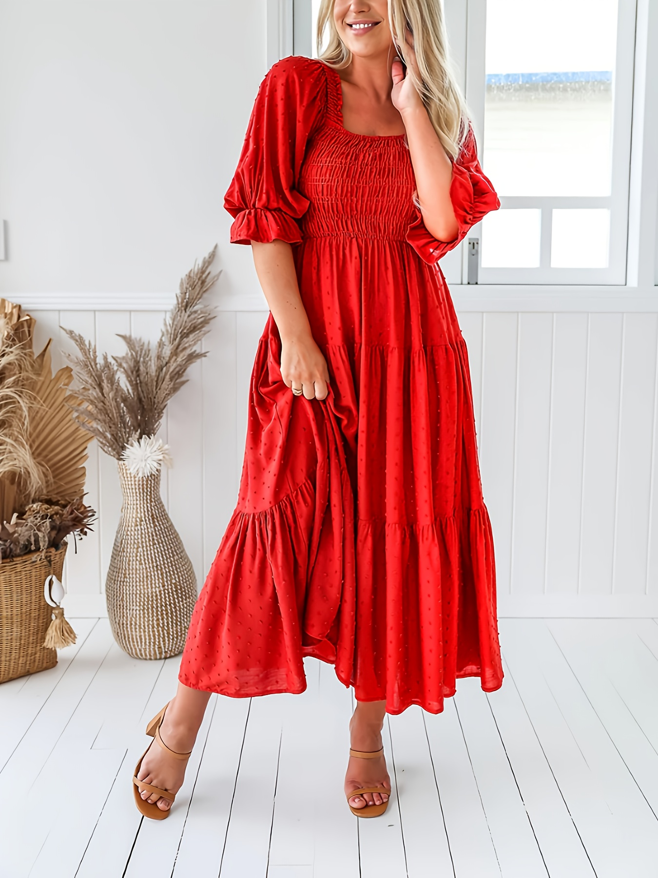 Flowy Red Casual Dresses Women's Elegant Red Vacation Dress Long