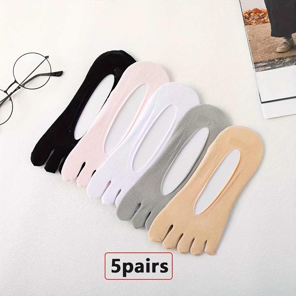 5 Pairs Of Solid Color Thin Women's Five-finger Socks Breathable Mesh Deodorant Boat Socks Silicone Heels Do Not Fall Off Socks