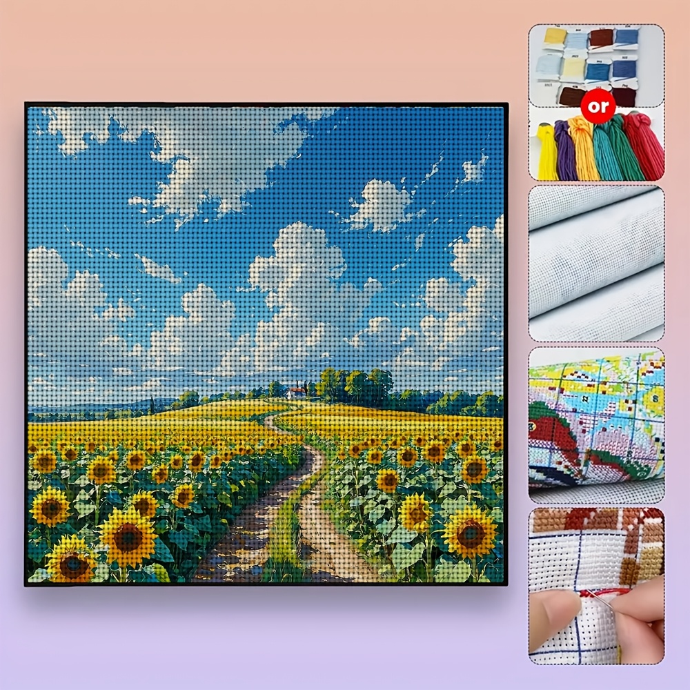 DIY Cross-Stitch Printed Kit, Sunflower Field Path and Blue Sky