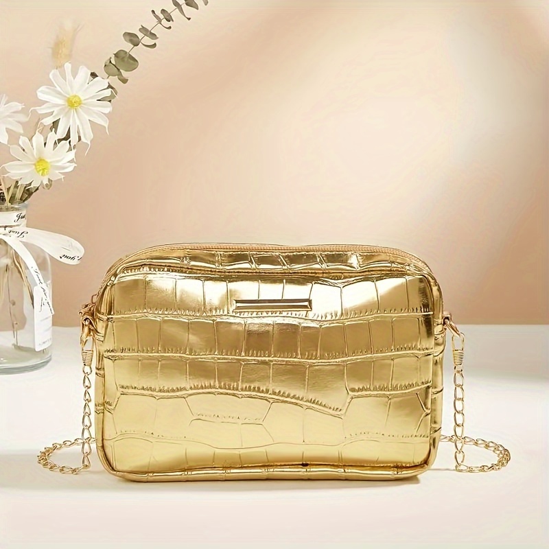 

Crocodile Pattern Pu Material Crossbody Bag, Fashionable Golden Color Shoulder Purse With Chain Strap, Luxurious Style Ladies' Handbag For Daily Use And Gifting