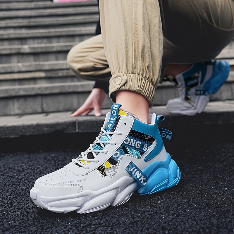 Zapatillas casuales de caña alta para hombre con patrón aleatorio, ajuste universal, cierre de cordones, uso para todas las estaciones, punta redonda, suela de PVC, plantilla de tela y parte superior de imitación.
