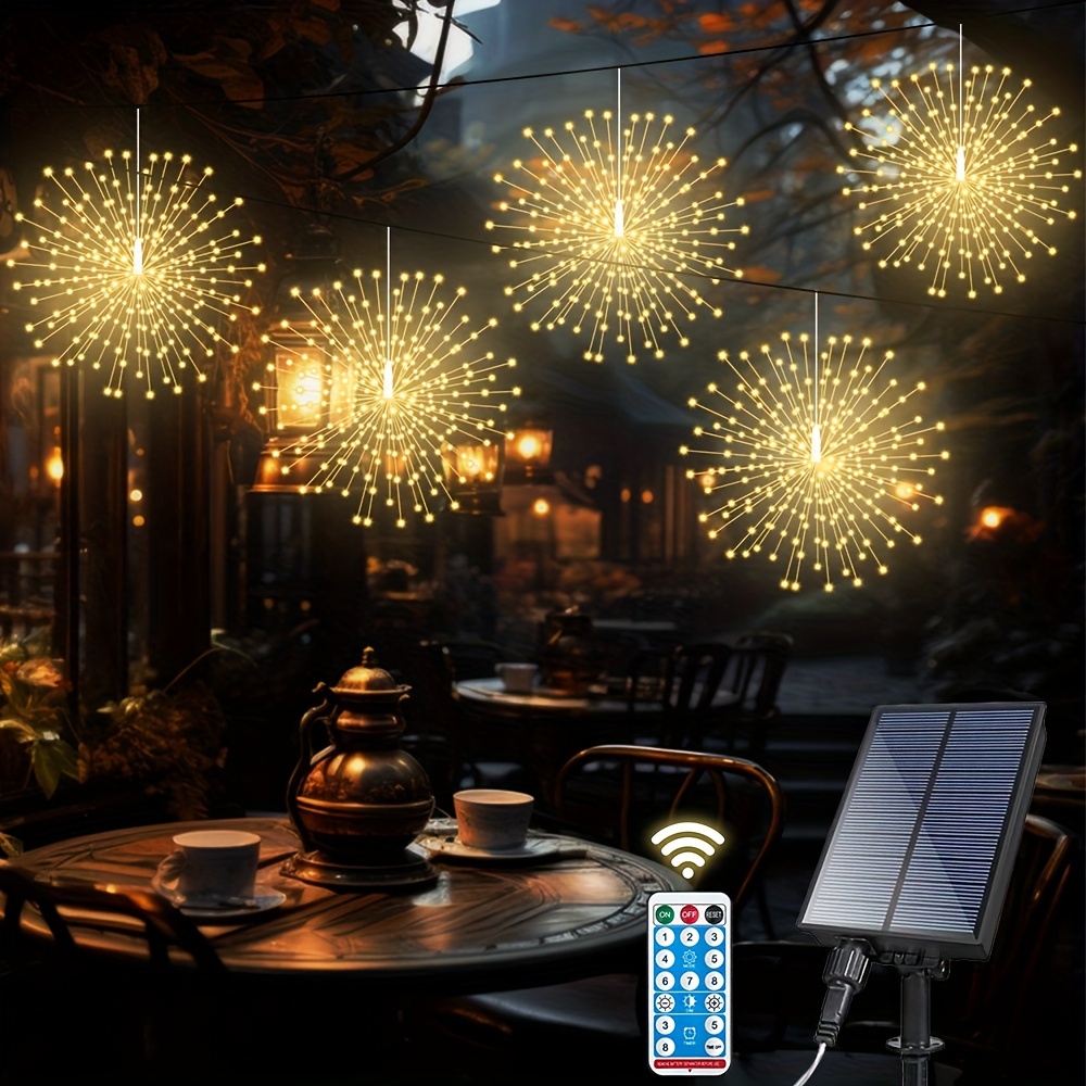 

5pcs 480led Solar Starburst Sphere Lights, Firework Lights Remote Control Timer 8 Modes Dimmable Waterproof Hanging Fairy Lights, Copper Wire Sparkly Lights For Patio Party Tent Christmas