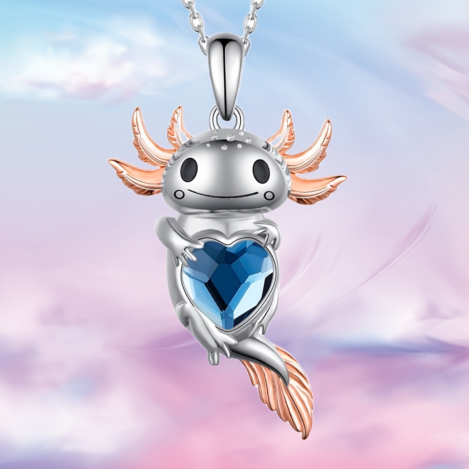 

Axolotl Pendant Necklace With With Blue Heart Rhinestones Decor, Elegant Unisex Salamander Jewelry, Perfect Gift For Mother's Day, Birthday & Anniversary