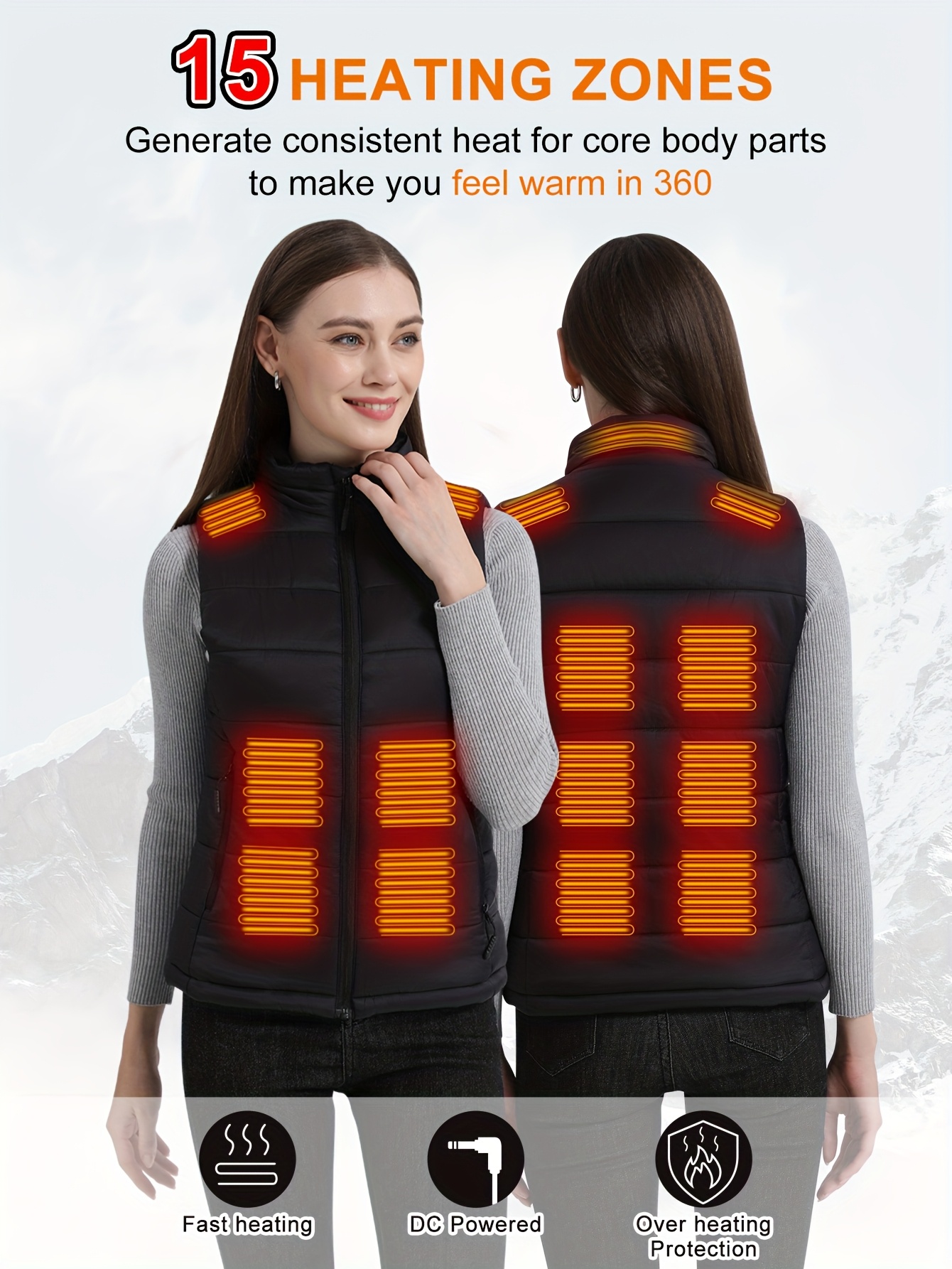 Gilet chauffant pour femmes avec batterie 7.4V 16000mAh à charge rapide | Veste chauffante modèle mis à jour pour femmes, style décontracté avec col montant et détails de fermeture éclair, motif rayé, tissu légèrement extensible