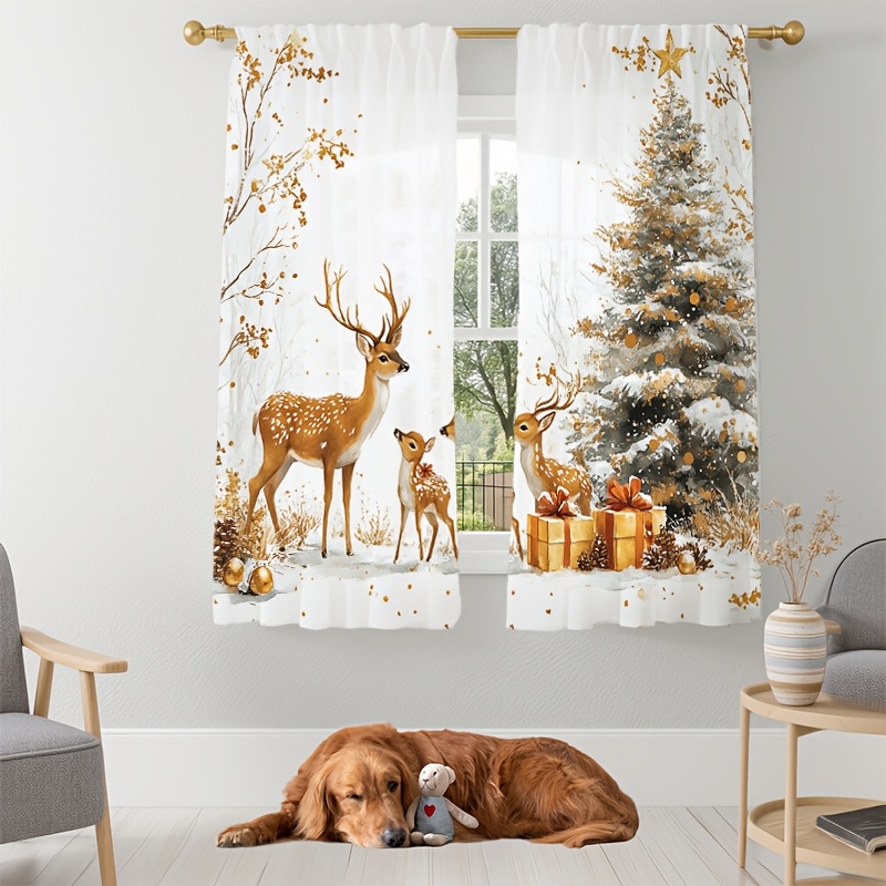 TEMU 2d Flat, 2pcs Curtains, 2d High-definition Digital Printing, Semi-transparent Polyester, Snow Scene, Reindeer And Christmas Tree Curtains,