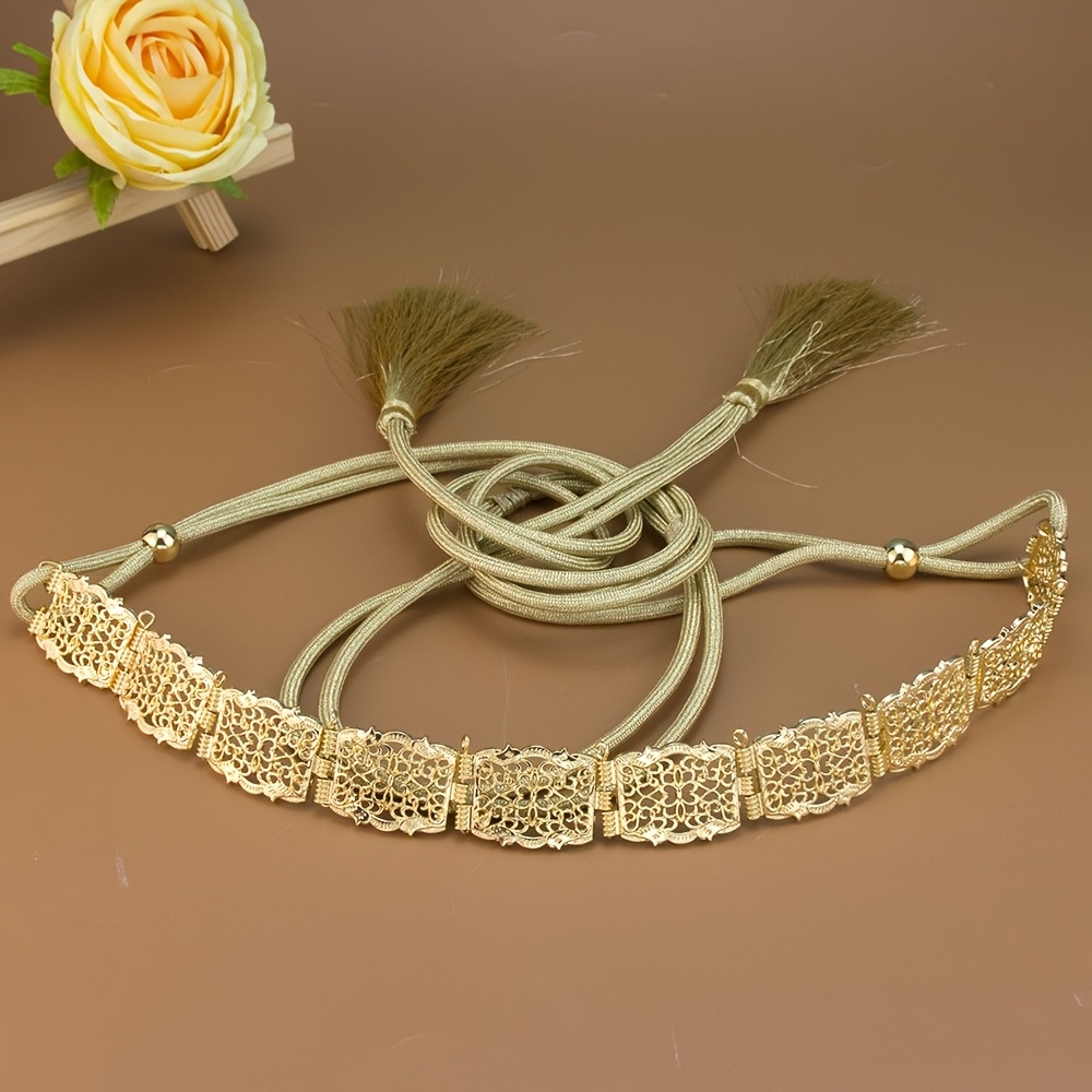 Image of Arab Women's Metal Belt Middle Eastern Tassel Rope Abaya Waistband Hollow Vine Pattern Dress Accessory Eid Bride Banquet Gift