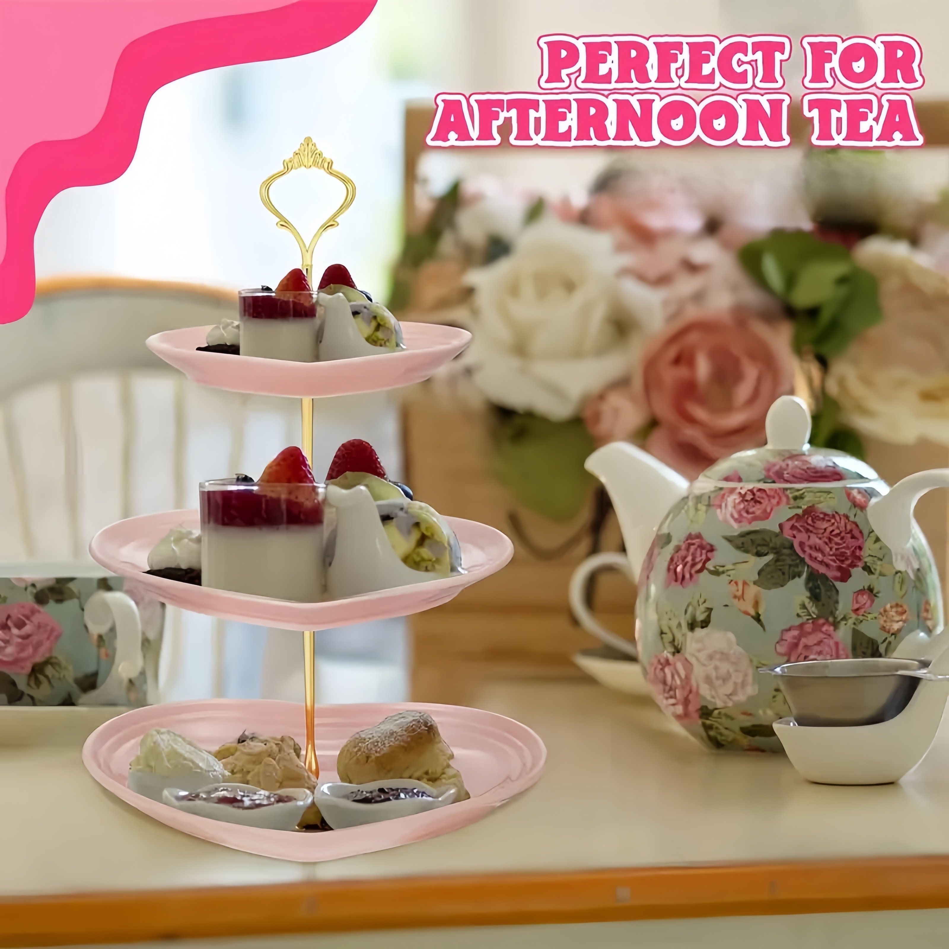 

1pc, Three-tier Paper Cupcake Stand Ceramic Three-tier Tray Platter Heart-shaped Layered Dessert Stand Ceramic Fruit Food Cupcake Stand Wedding Tea Party Service Display Stand (pink)