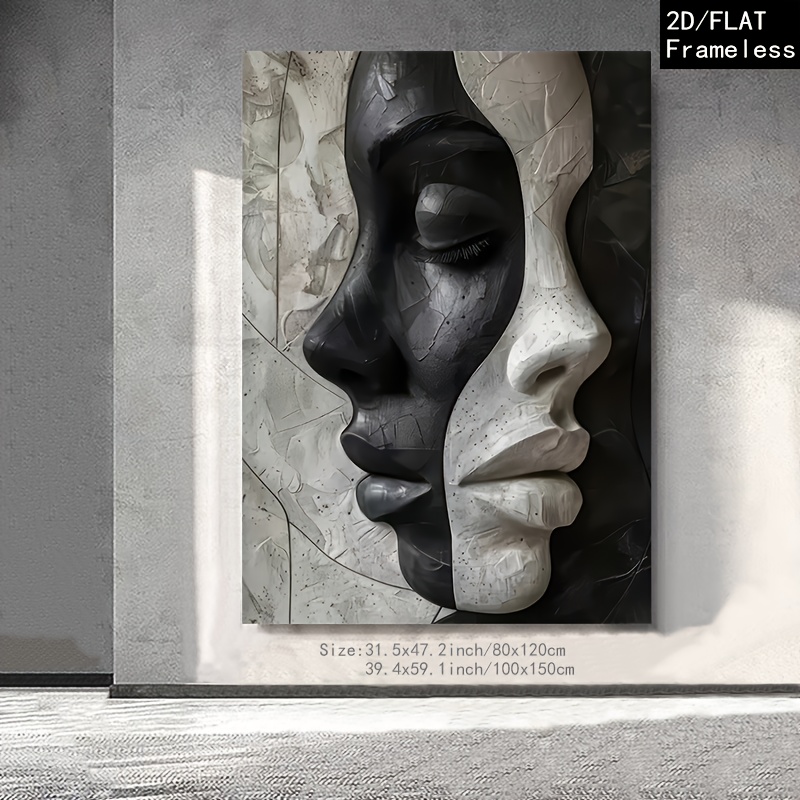 TEMU 2d Flat, 2d Flat, 2d/flat 1pc Frameless Modern Abstract Black And White Face Makeup Canvas Wall Art, 39.4x59.1 Inches (100x150 Cm) Decorative