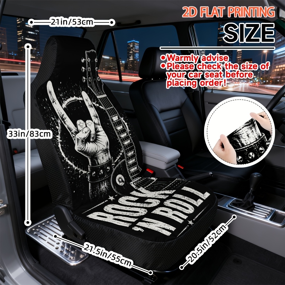 TEMU 2d Flat, 2pcs Rock Music Gesture Print Car Seat Covers, Washable And Durable, Universal Fit For Front Seats, Ideal For Stylish Interior And