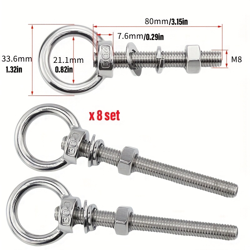 E-shop 8 Stück M6/M8 Schwerlast 304 Edelstahl Schrauben Augen, Gewinde für Werkstatt, Garage, & Garten Outdoor Sonnenschutz Aufhängung