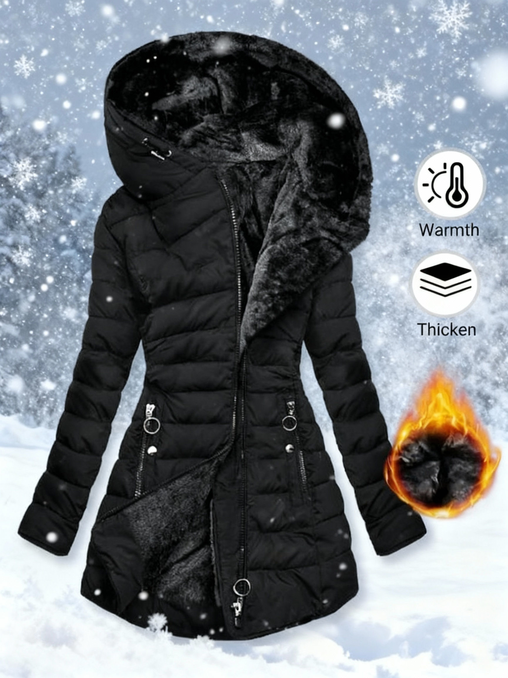 Veste Capuche Femme Parka Mi-Longue Casual Manteau D'Hiver Chaud - Manches Longues