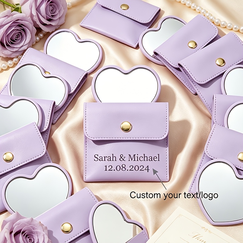 TEMU Personalized Custom Heart Compact Mirror With Leather Bag, Wedding Party Favor Gift Set, Mini Portable Pocket Makeup Mirror For Bridal Shower