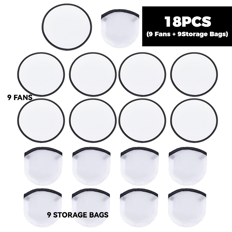 TEMU 8 pièces (4 éventails + 4 sacs de rangement)/18 pièces (9 éventails + 9 sacs de rangement) - Éventails ronds d'été portables à faire soi-même -