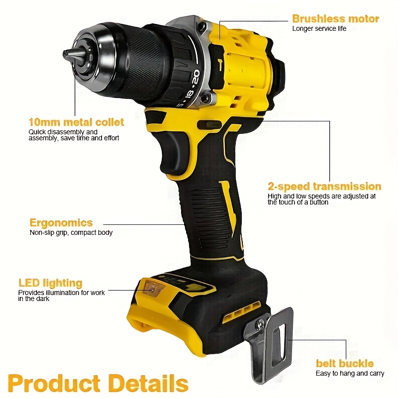 Brushless 3/8" Cordless Electric Drill with LED Work Light and 6 Drill Bits, Battery Not Included, Lightweight Metal Design for Home Renovat