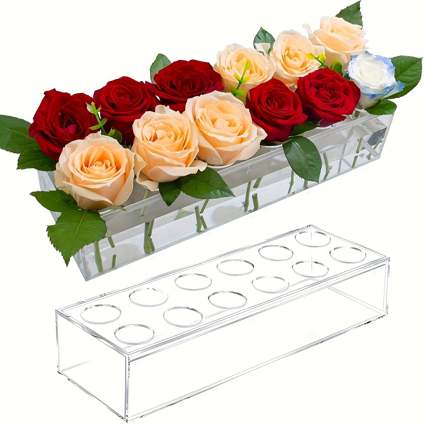 

Acrylic Vase For Centerpiece, 16-inch Long With Holes, Transparent Rectangular Rose Box Tray, Arrangement Holder, For Wedding & Home Dining Table Decor, Floral Pattern, Decorative , Battery-free