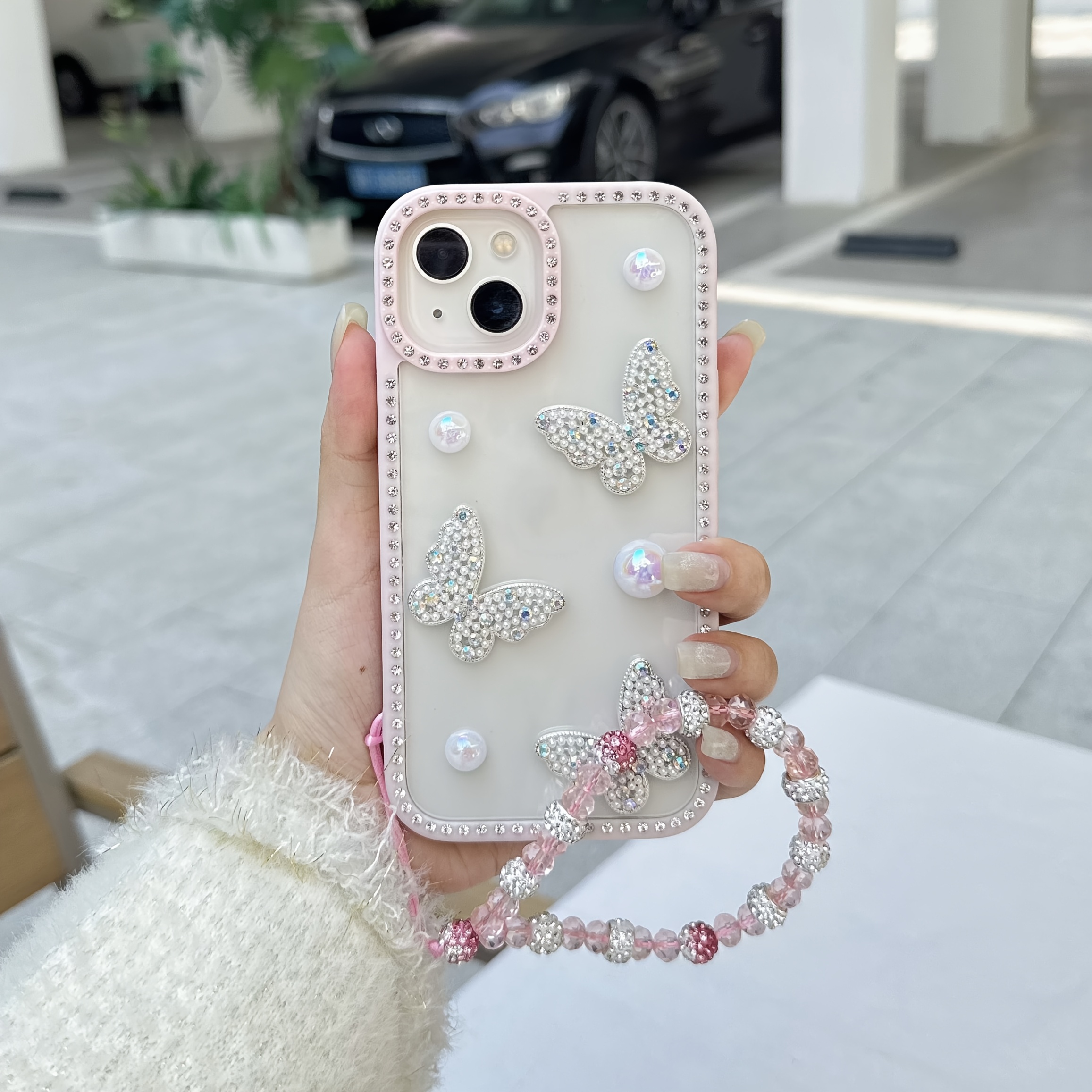 TEMU Phone Case - 3d Pearl Luxury Phone Case With For Iphone 16 15 14 13 12 11 Pro Max High-end Girly Rhinestone Trimmed Phone Protector