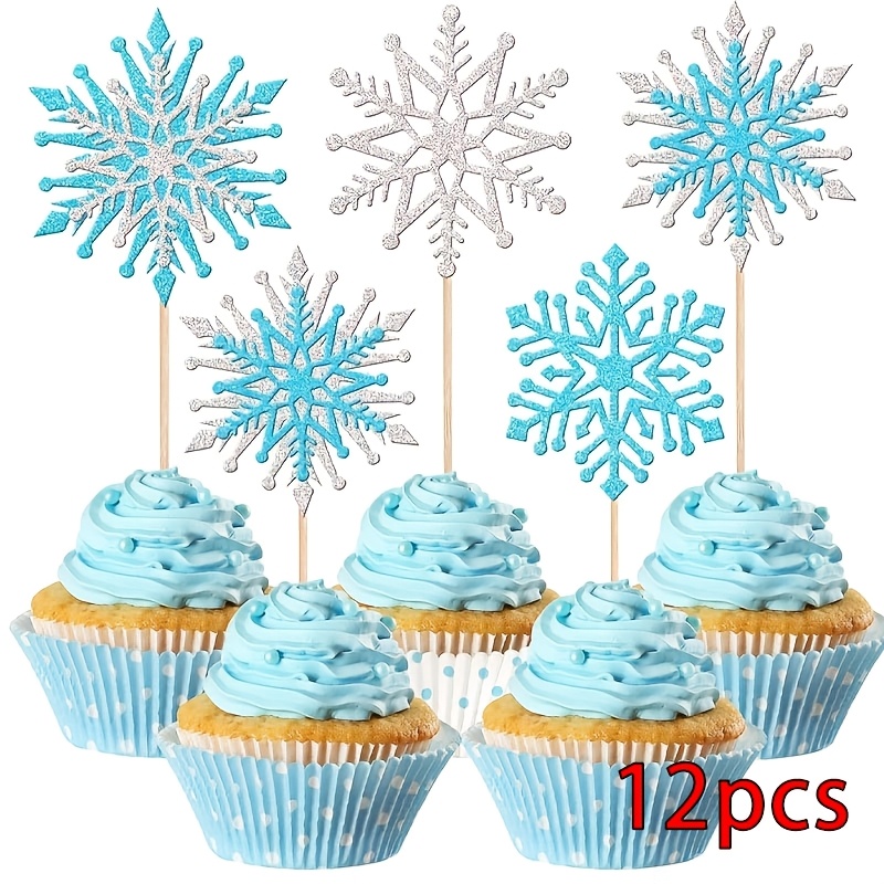 Image of 12pcs Glitter Snowflake Cupcake Toppers Winter Theme Cupcake Picks Winter Cake Decorations For Snowflake Theme Birthday Merry Christmas Party Supplies Blue Silvery