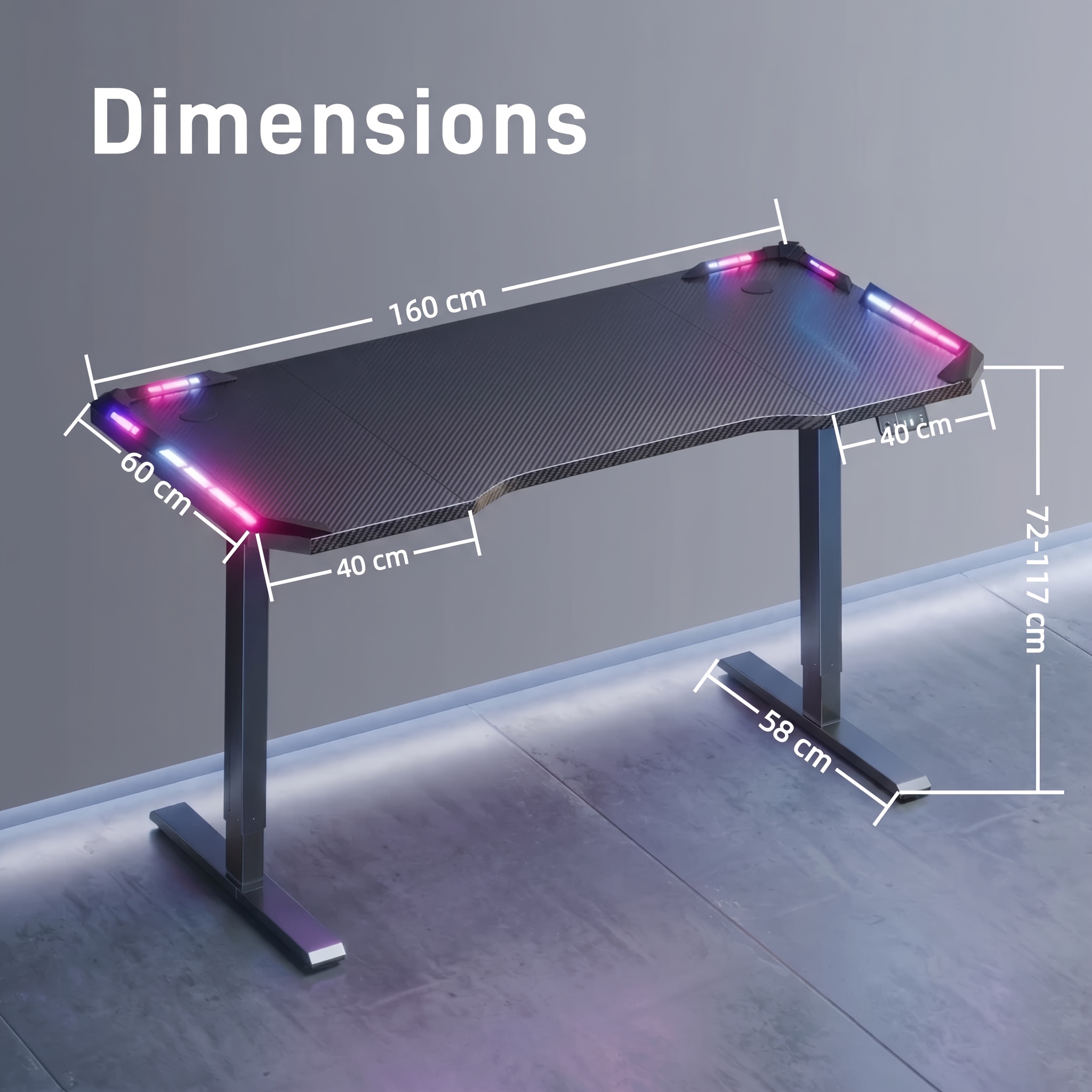 Image of Electric Standing Desk With Led Lights, Ergonomic Gaming Table With Functional Memory, Gaming Computer Desk With Carbon Fiber Texture For Home, High-quality Mute Motor, Black, 3 Sizes Avaliable
